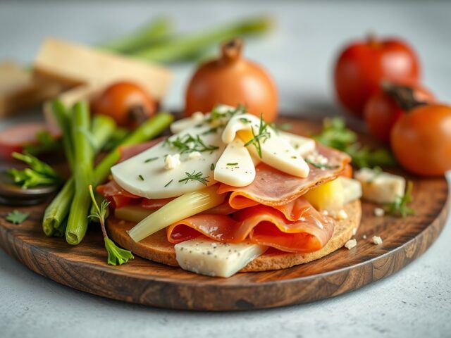 Sint-Jakobsvrucht met Ganda Ham, Parmakaas en bedje prei — AI-gegenereerde illustratie