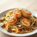 Sint-jakobsvruchten met eekhoorntjesbrood en pasta