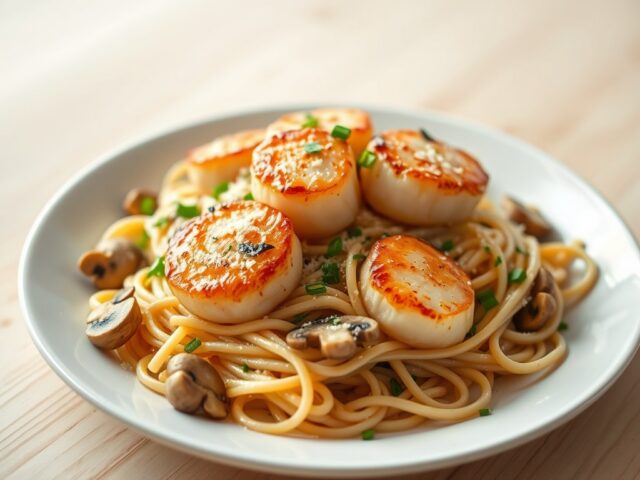 Sint-jakobsvruchten met eekhoorntjesbrood en pasta