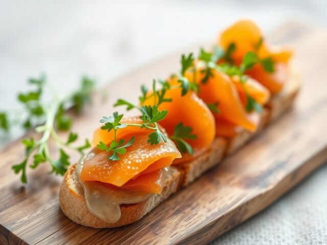 Sjalottenringen met gerookte zalm op een crouton van Turks brood — AI-gegenereerde illustratie