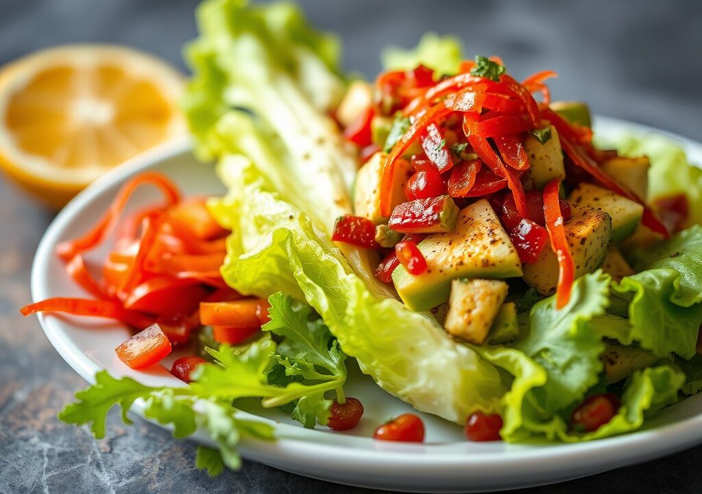 Sla met Sinas Vinaigrette, Avocado en Rode Mul — AI-gegenereerde illustratie