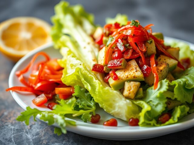 Sla met Sinas Vinaigrette, Avocado en Rode Mul — AI-gegenereerde illustratie