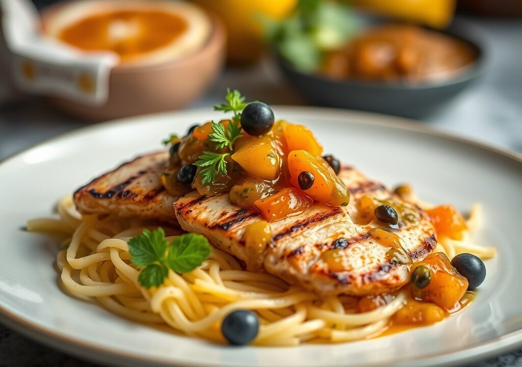 Slaatje met gegrilde kip en pruimenchutney — AI-gegenereerde illustratie