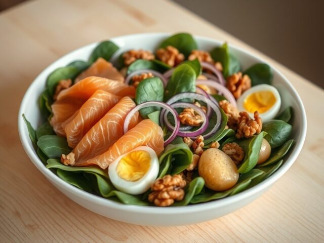 Slaatje met spinazie en gerookte zalm