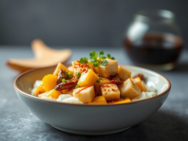 Slaatje van scheuten met mango en tofu — AI-gegenereerde illustratie
