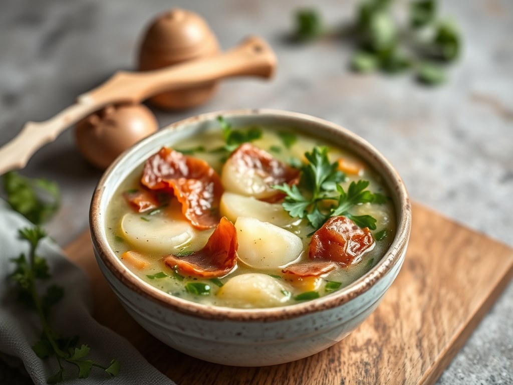 Slasoep met pancetta, AI-gegenereerde illustratie