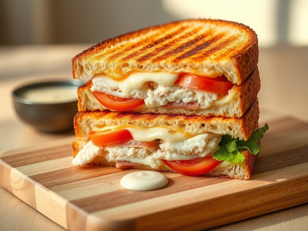 Smakelijke tosti’s met tonijn, tomaat en tartaarsaus, AI-gegenereerde illustratie