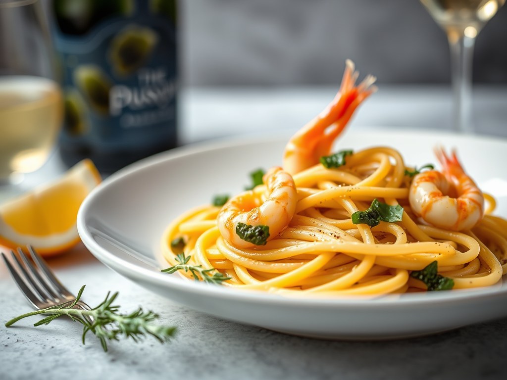 Smalle tagliatelle met scampi’s, AI-gegenereerde illustratie
