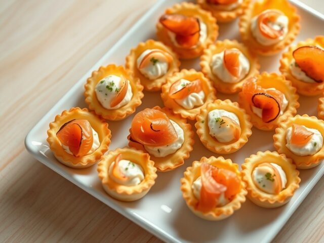 Snelle bladerdeeghapjes gevuld met kruidenkaas en gerookte zalm