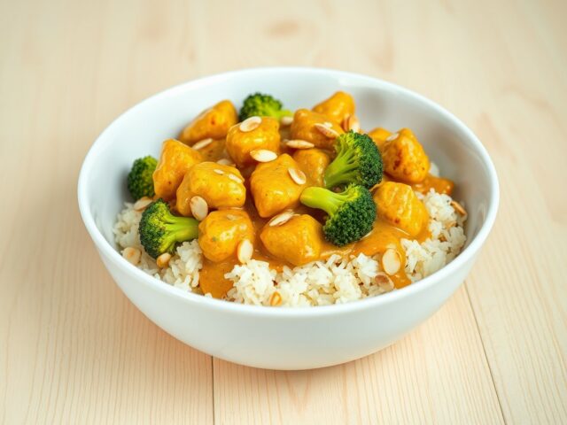 Snelle broccoli-kipcurry met amandelrijst