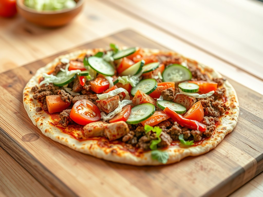 Snelle pizza met gehakt, AI-gegenereerde illustratie