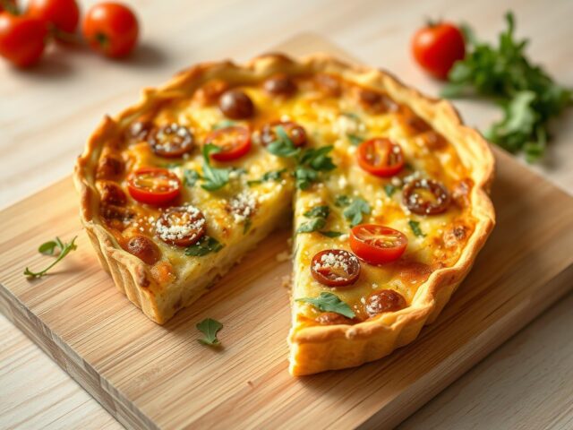 Snelle quiche van tonijn, kerstomaatjes en raketsla
