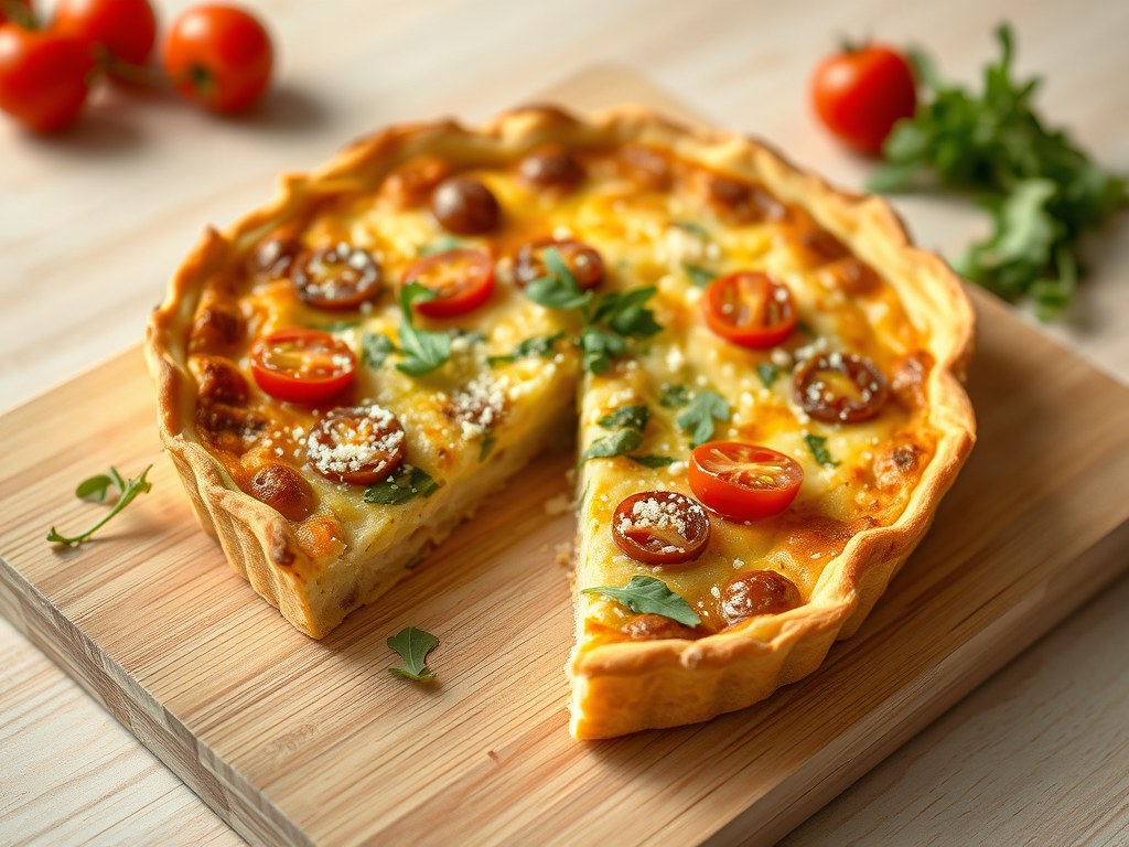 Snelle quiche van tonijn, kerstomaatjes en raketsla, AI-gegenereerde illustratie