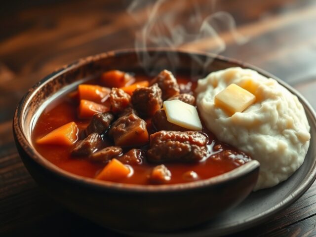 Snelle runderstoofpot met aardappelpuree