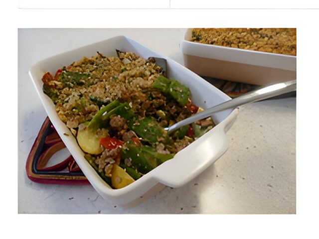 Snijbonen-gehakt ovenschotel met een krokante topping……