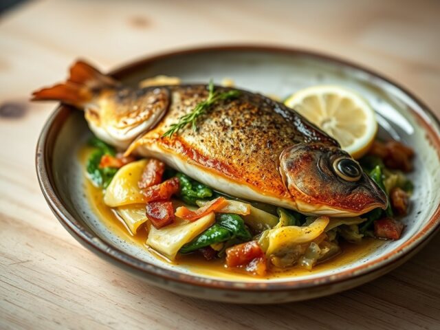Snoekbaarsfilet met groene kool en spek