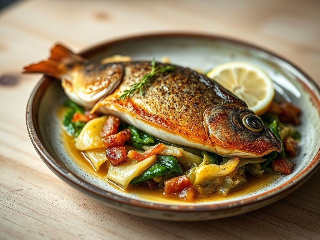 Snoekbaarsfilet met groene kool en spek, AI-gegenereerde illustratie