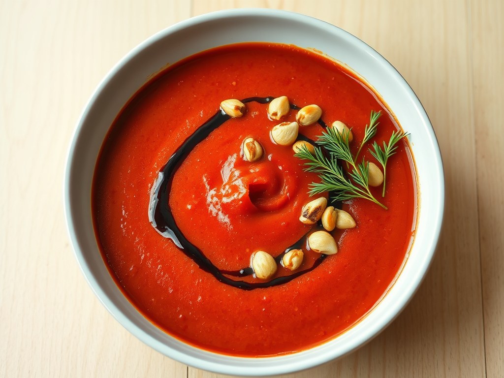 Soep van tomaten en pijnboompitten, AI-gegenereerde illustratie