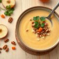 Soep van walnoten, pecannoten, appel en pastinaak