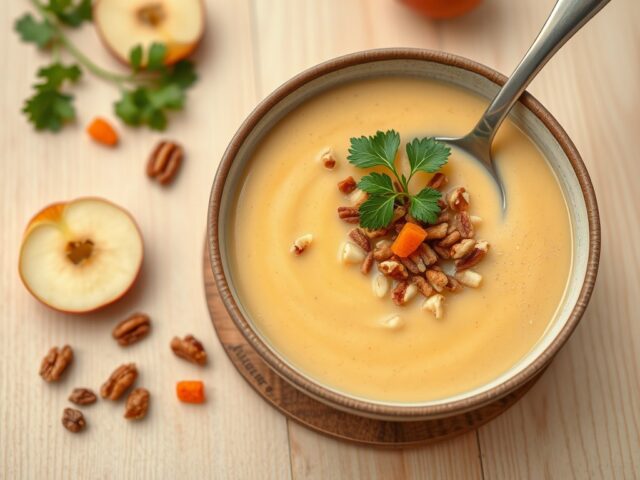 Soep van walnoten, pecannoten, appel en pastinaak