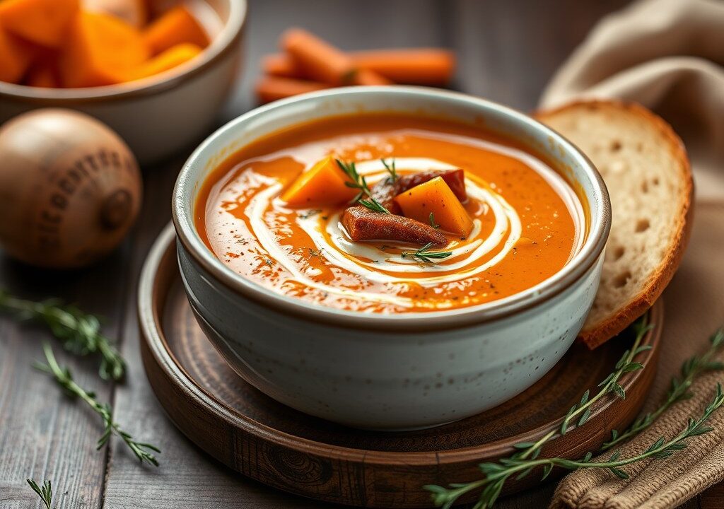 Soep van zoete aardappelen en chorizo, AI-gegenereerde illustratie