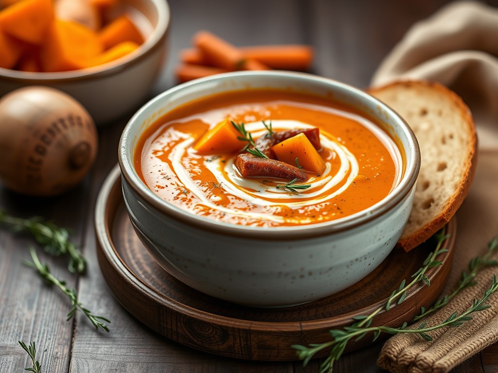 Soep van zoete aardappelen en chorizo, AI-gegenereerde illustratie