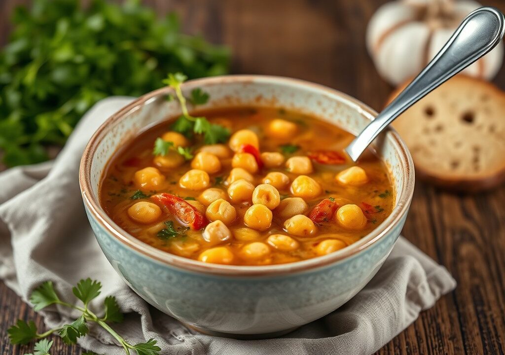 Soep (vegetarisch) met linzen en kikkererwten, AI-gegenereerde illustratie