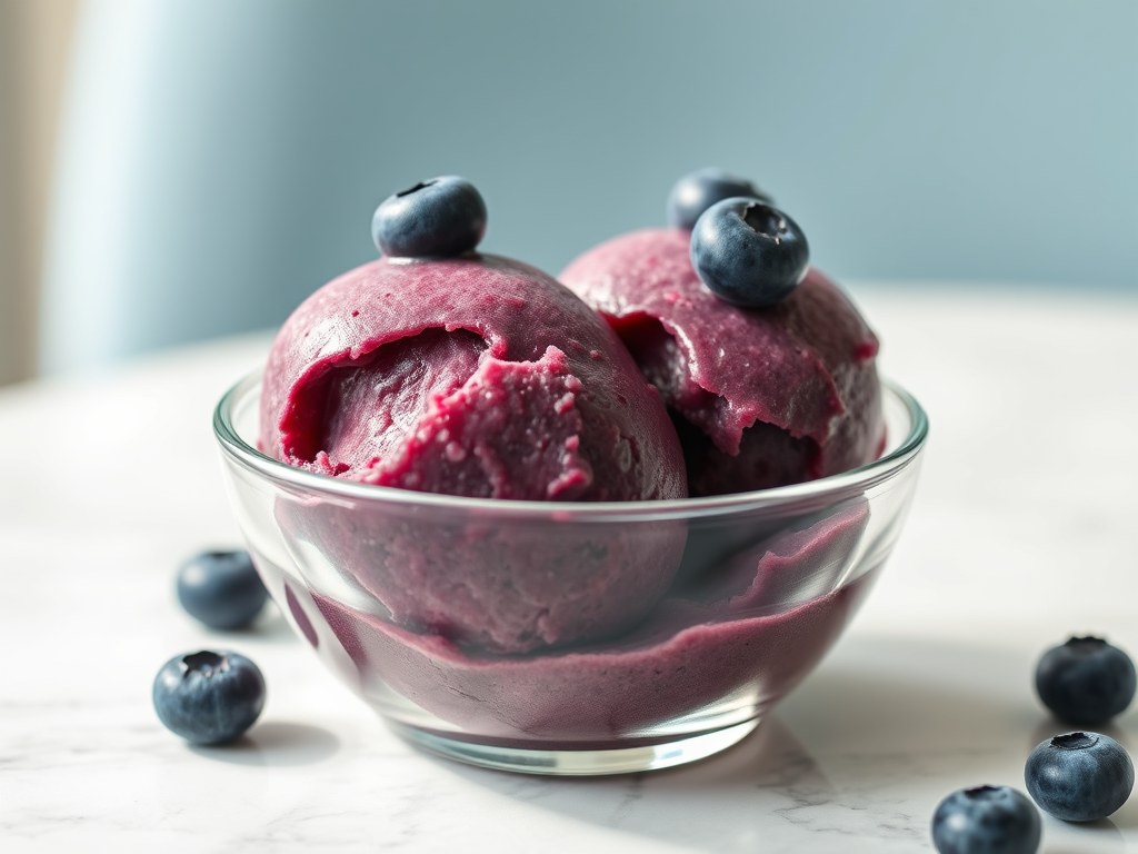Sorbet van bosbessen en kefir, AI-gegenereerde illustratie