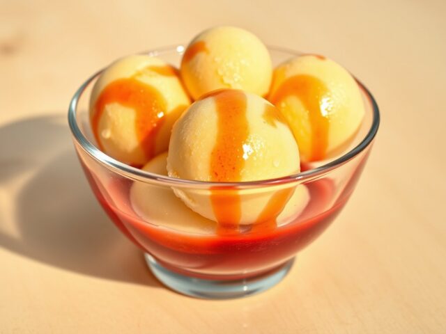 Sorbet van citroen en prosecco met aardbeiensaus