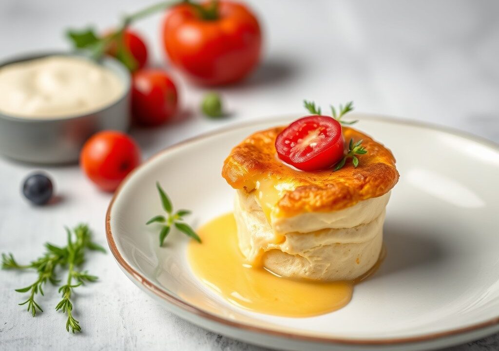 Souffle van limburgse kaas met saus van perenstroop, AI-gegenereerde illustratie