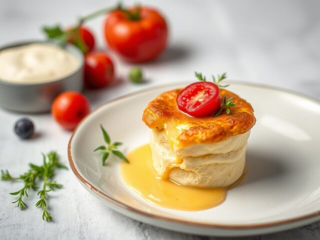 Souffle van limburgse kaas met saus van perenstroop