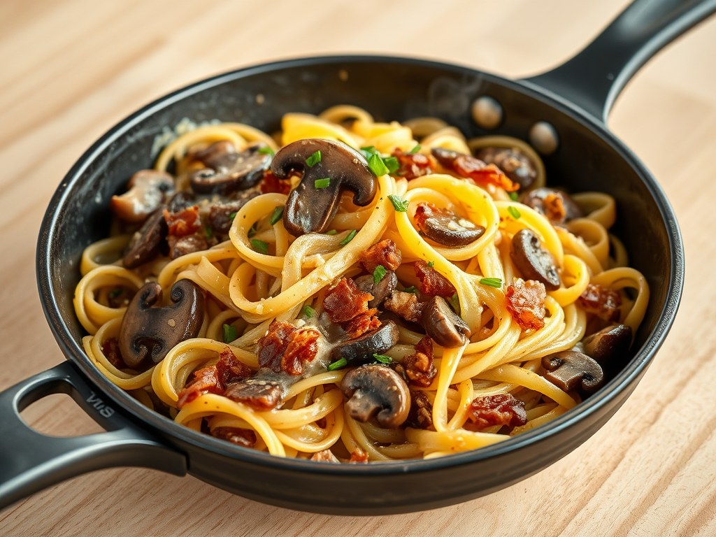 Spätzle met champignons en kaas, AI-gegenereerde illustratie