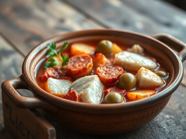 Spaans vispotje met chorizo, olijven, rode uien en aardappeltjes