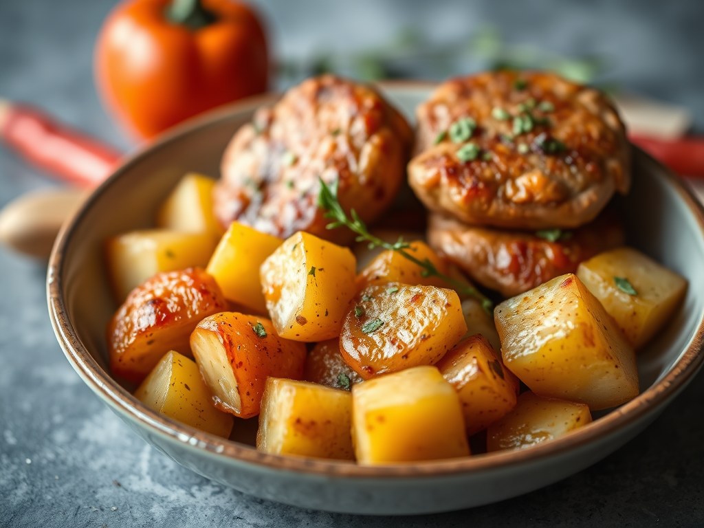 Spaanse hamlapjes met pittige aardappelen, AI-gegenereerde illustratie