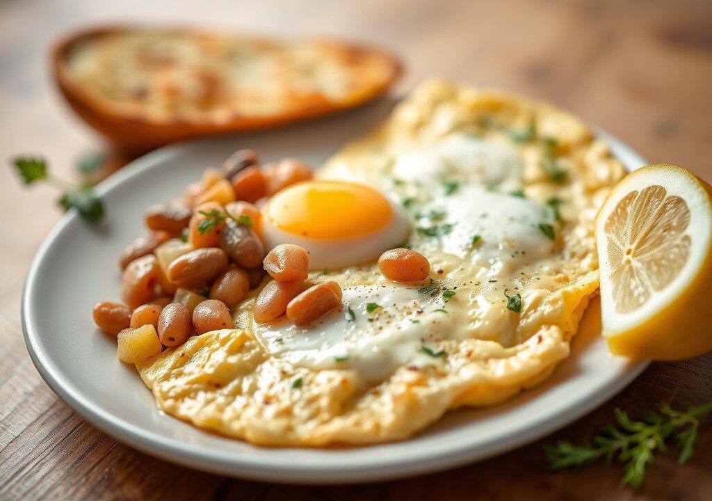 Spaanse omelet met uien en bonen, AI-gegenereerde illustratie
