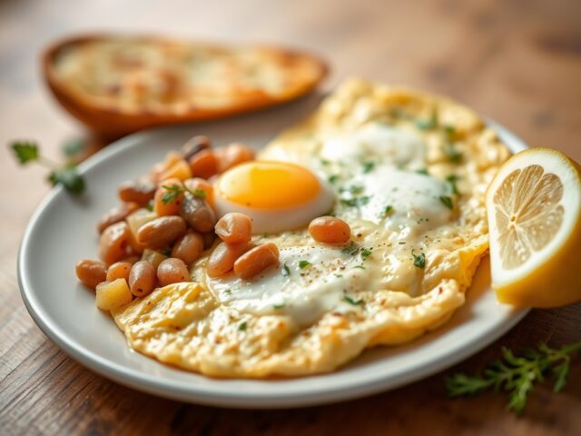 Spaanse omelet met uien en bonen — AI-gegenereerde illustratie