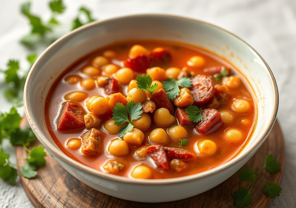 Spaanse soep met kikkererwten en chorizo, AI-gegenereerde illustratie