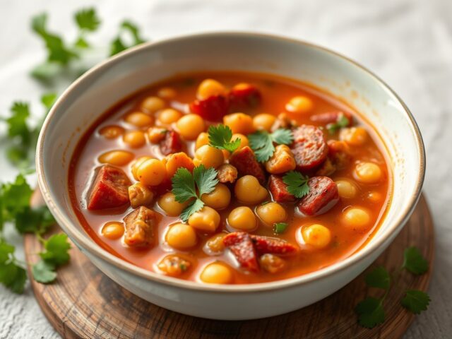 Spaanse soep met kikkererwten en chorizo — AI-gegenereerde illustratie