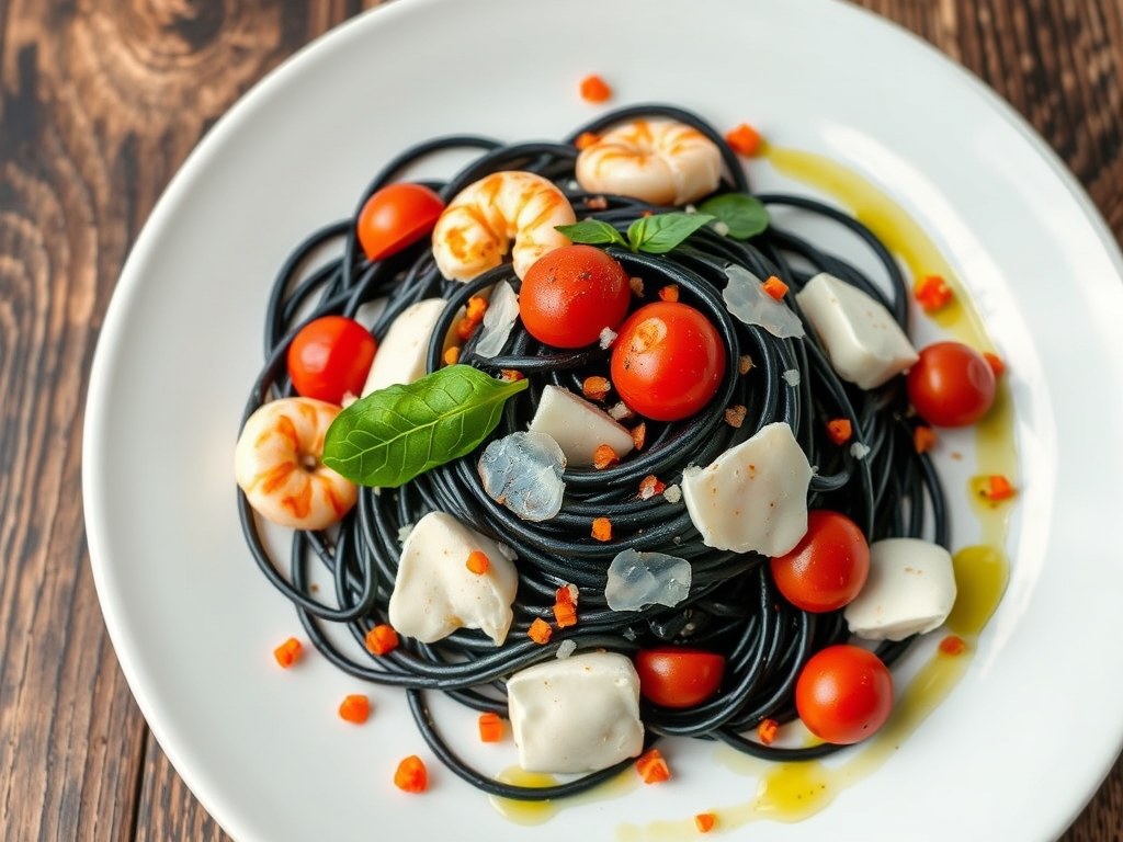 Spagettini di nero met gamba’s, AI-gegenereerde illustratie
