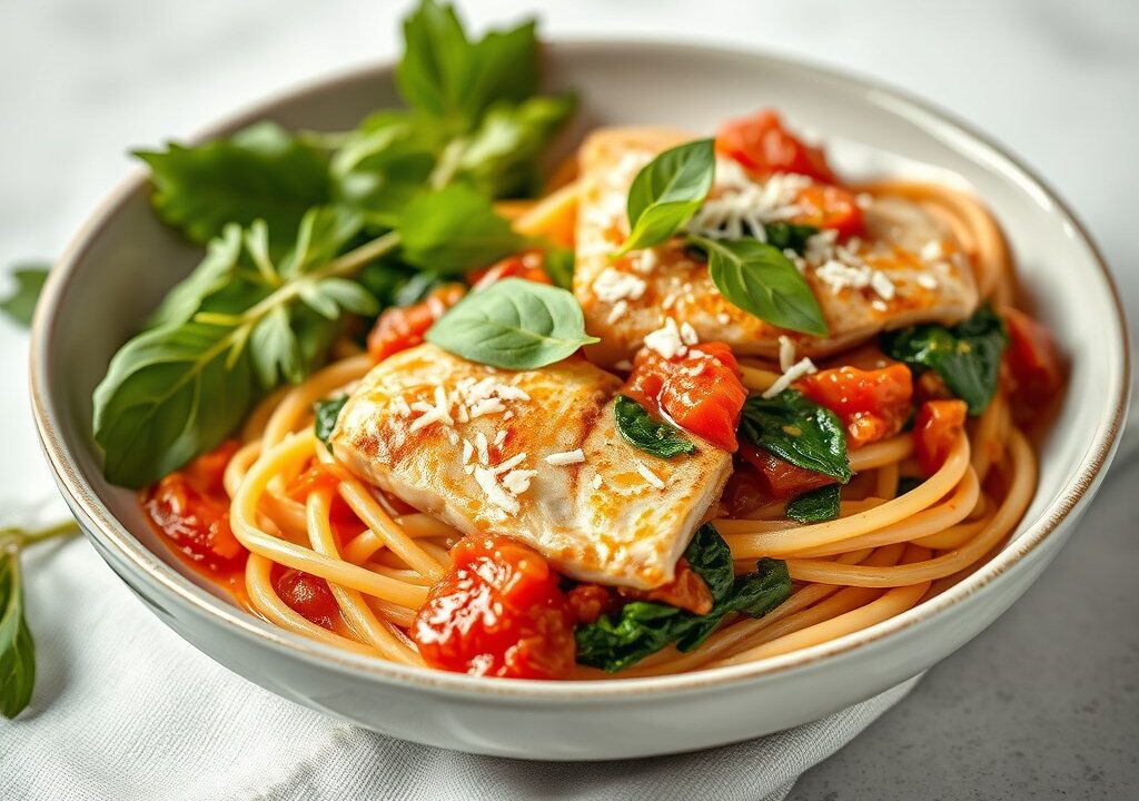 Spagettini met makreel in tomatensaus en spinazie, AI-gegenereerde illustratie