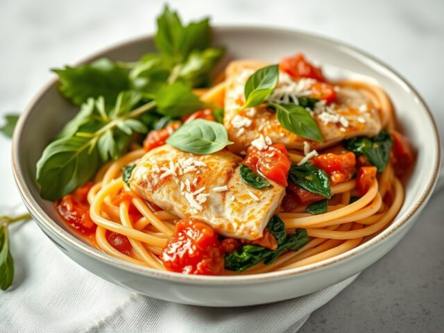Spagettini met makreel in tomatensaus en spinazie — AI-gegenereerde illustratie