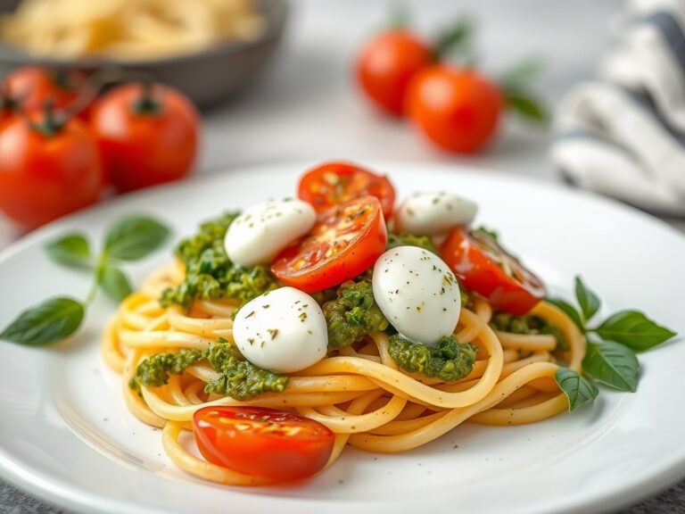 Spagettini met pesto, tomaat en mozarella