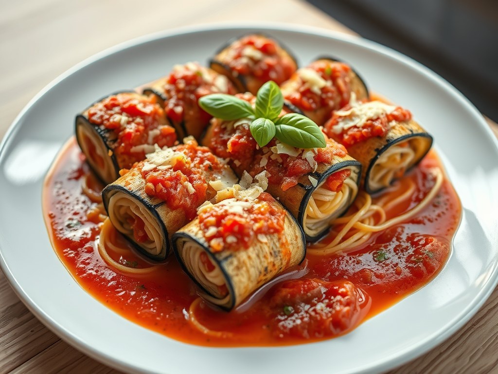 Spaghetti-aubergine rolletjes, AI-gegenereerde illustratie