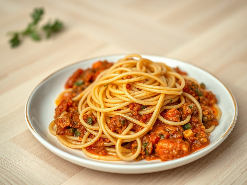 Spaghetti Bolo (vegetarische bolognese-saus), AI-gegenereerde illustratie