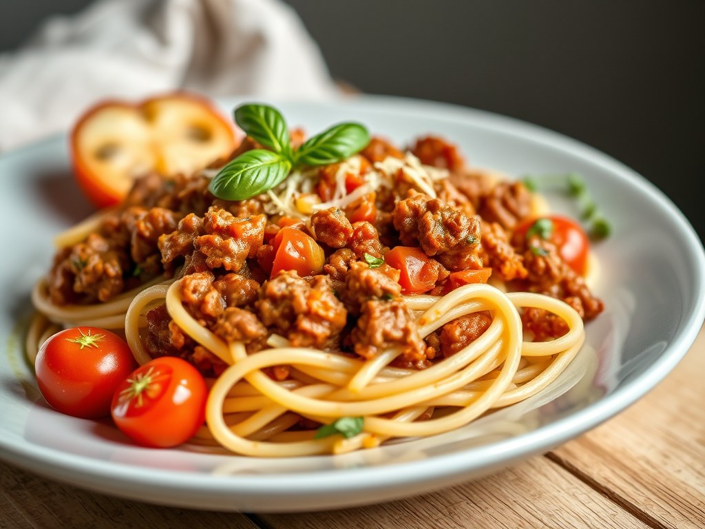 Spaghetti bolognese met groenten, AI-gegenereerde illustratie