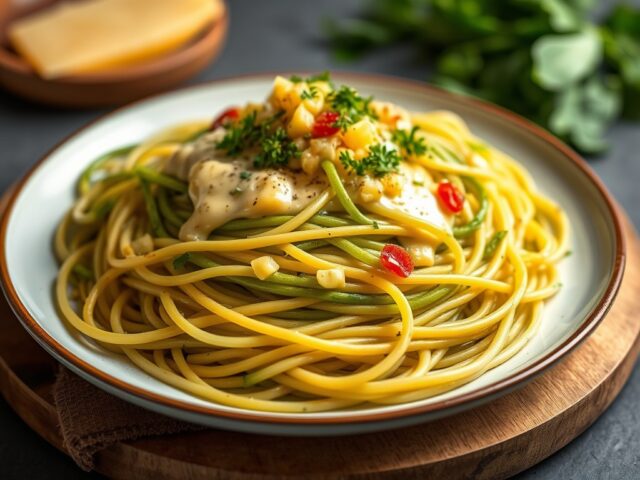 Spaghetti carbonara overbakken — AI-gegenereerde illustratie
