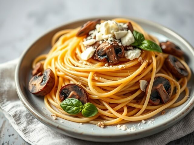 Spaghetti con funghi (spaghetti met champignons) — AI-gegenereerde illustratie
