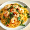 Spaghetti con gamberetti e rucola