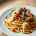 Spaghetti con gamberetti e rucola