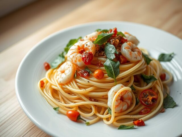Spaghetti con gamberetti e rucola